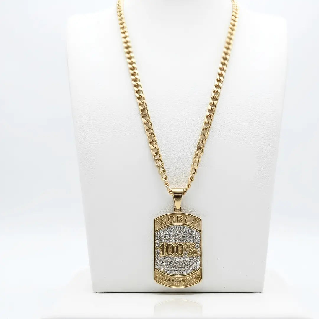 18K Gold Filled 54cm x 6mm Cuban Link Chain Necklace with World Champions Pendant – Fully Polished, Lobster Clasp